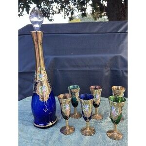 Vintage Murano 7 Pcs Glass Decanter Set Multi Colored 24K Gold Gilt Enamel
